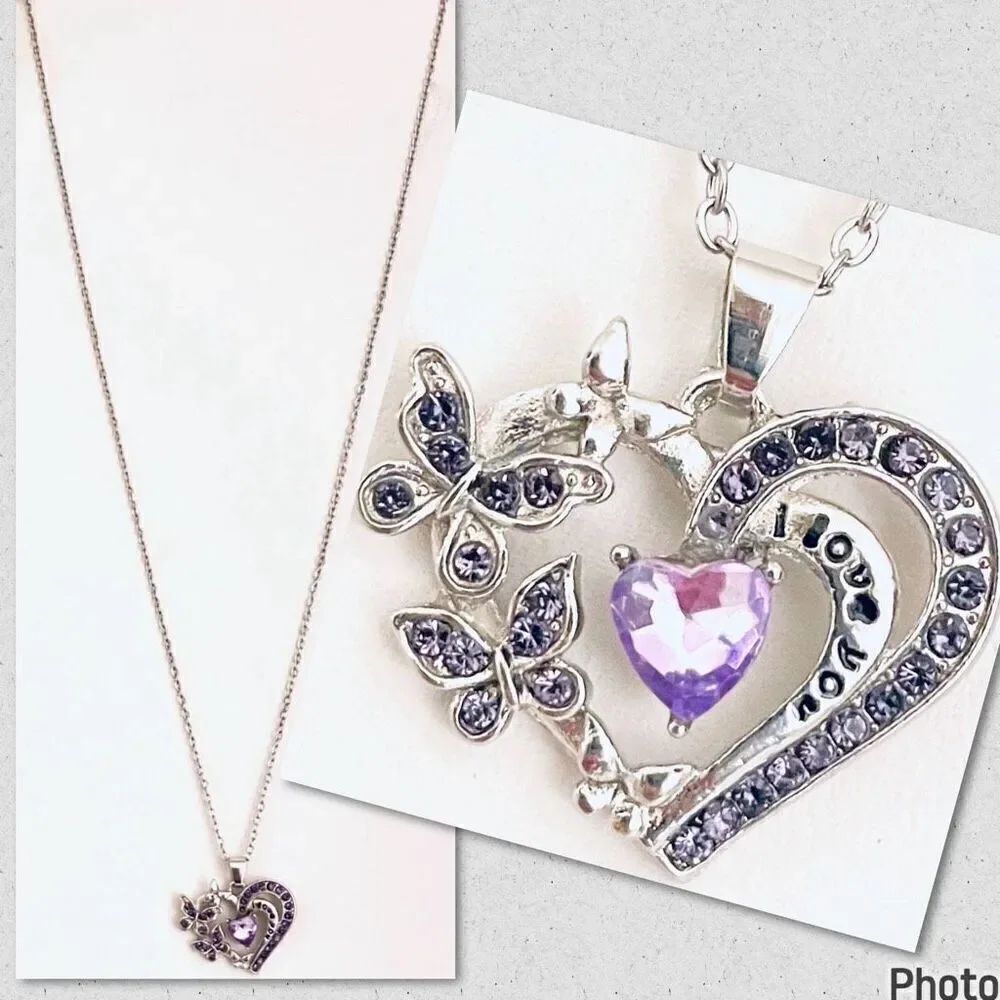 NWT Silver Purple”I Love You“ Heart Butterflies Bling Bling Rhinestones Necklace